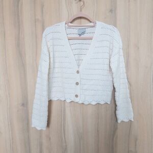 Gypsy Cloud Womens Open Knit Cardigan Small Cream Scalloped Cropped Cottage Boho